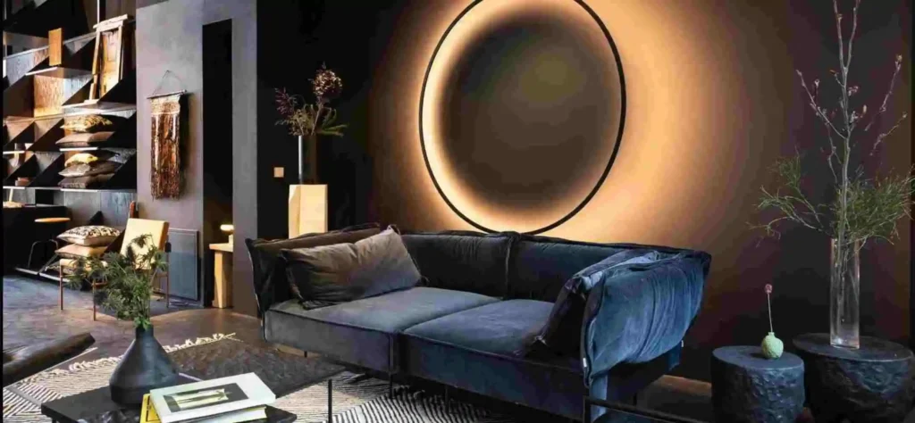 round light behind the sofa