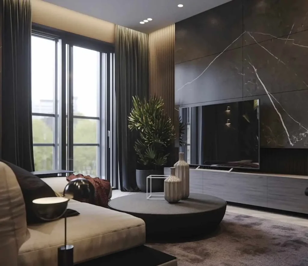 black marble accent wall living room