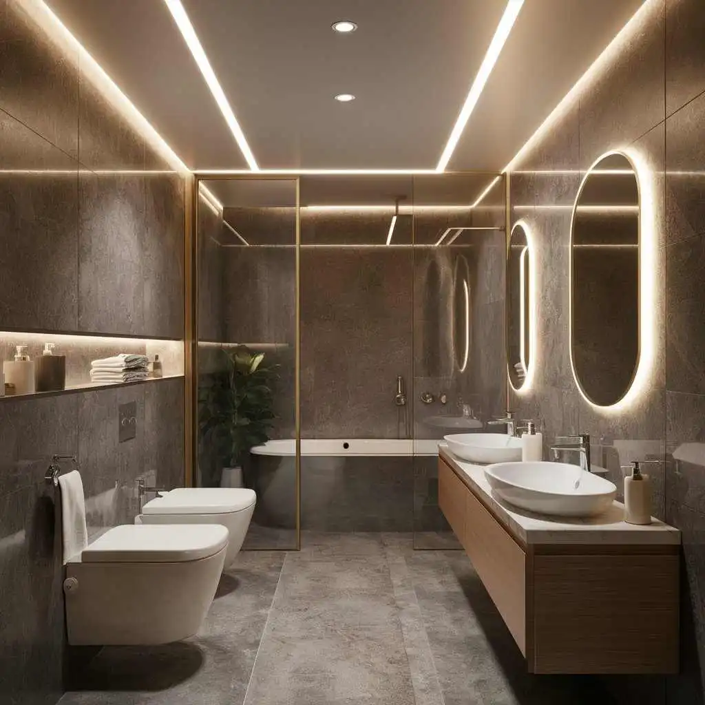 contemporary bathroom with led stripes around the ceiling bathroom remodel