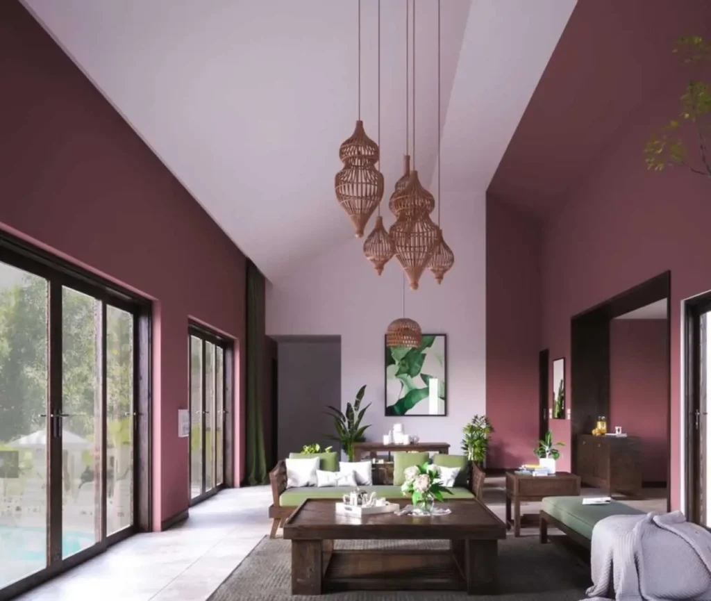 living room with opposite wall in maroon shade