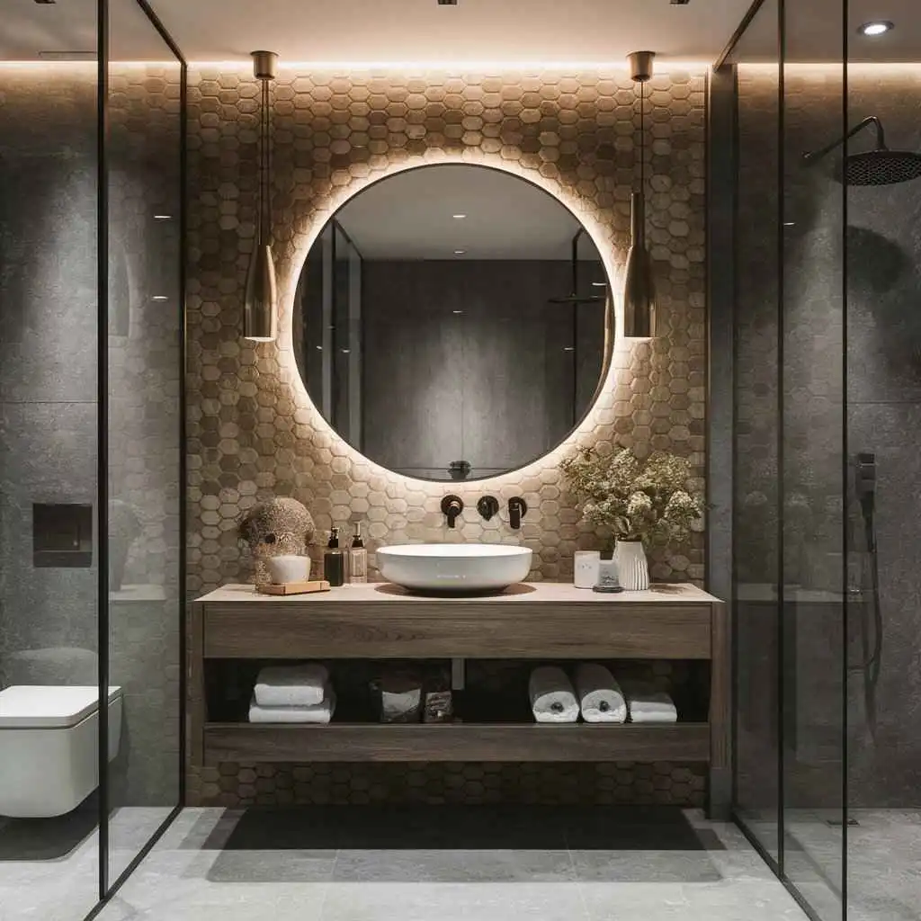 modern bathroom with round mirror and vanity