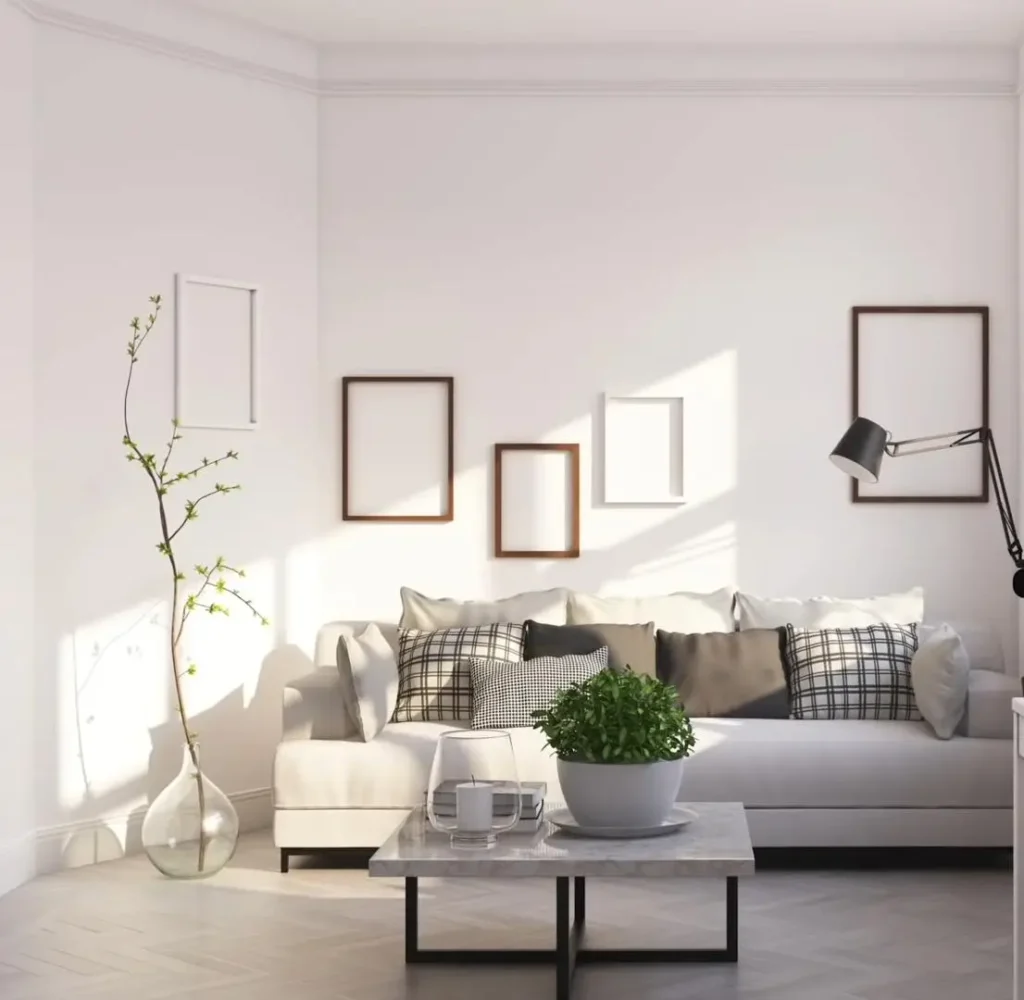 white living room with blank frame