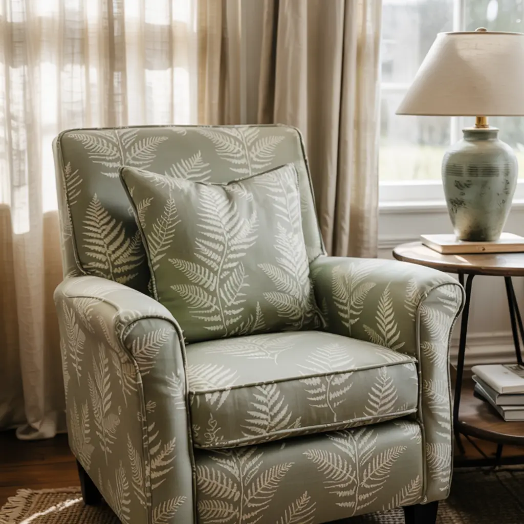 Fern Patterned Fabric in the green living room
