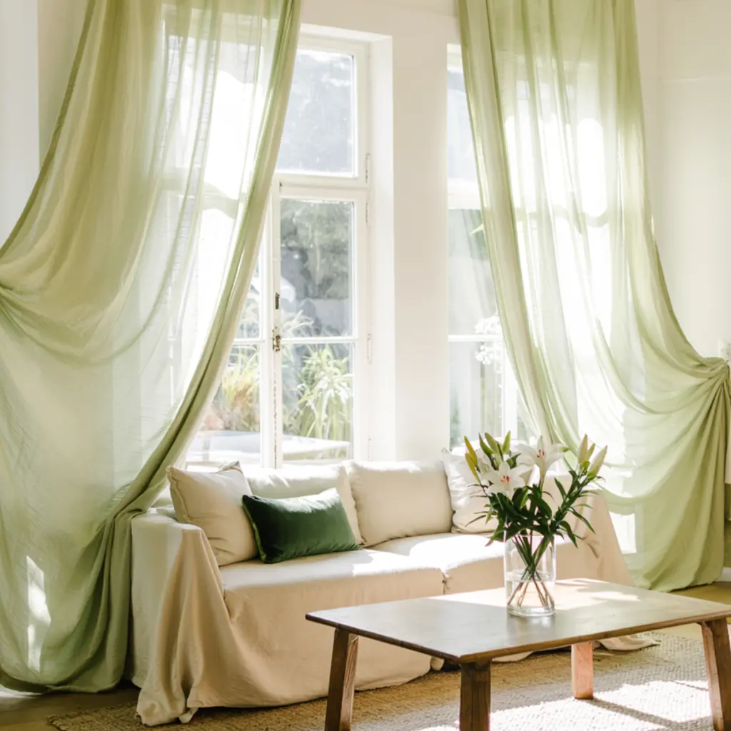 Green Living Room with Honey drew curtains