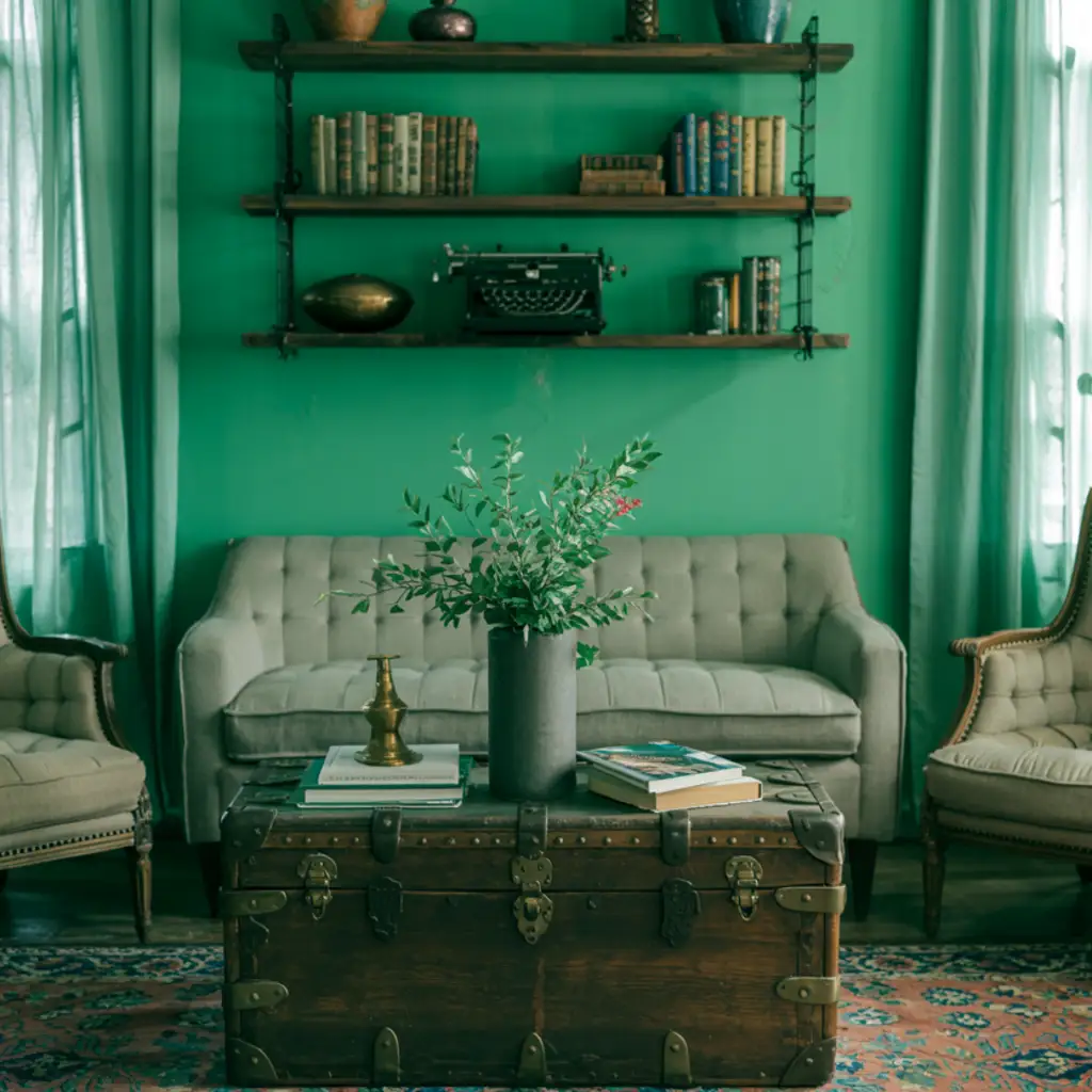 Green living room with vintage trunk and antique wall clock