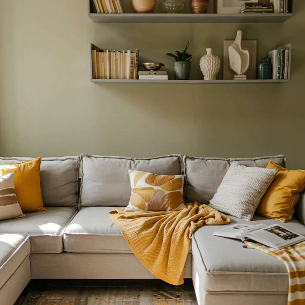Pop Of Yellow in green living room