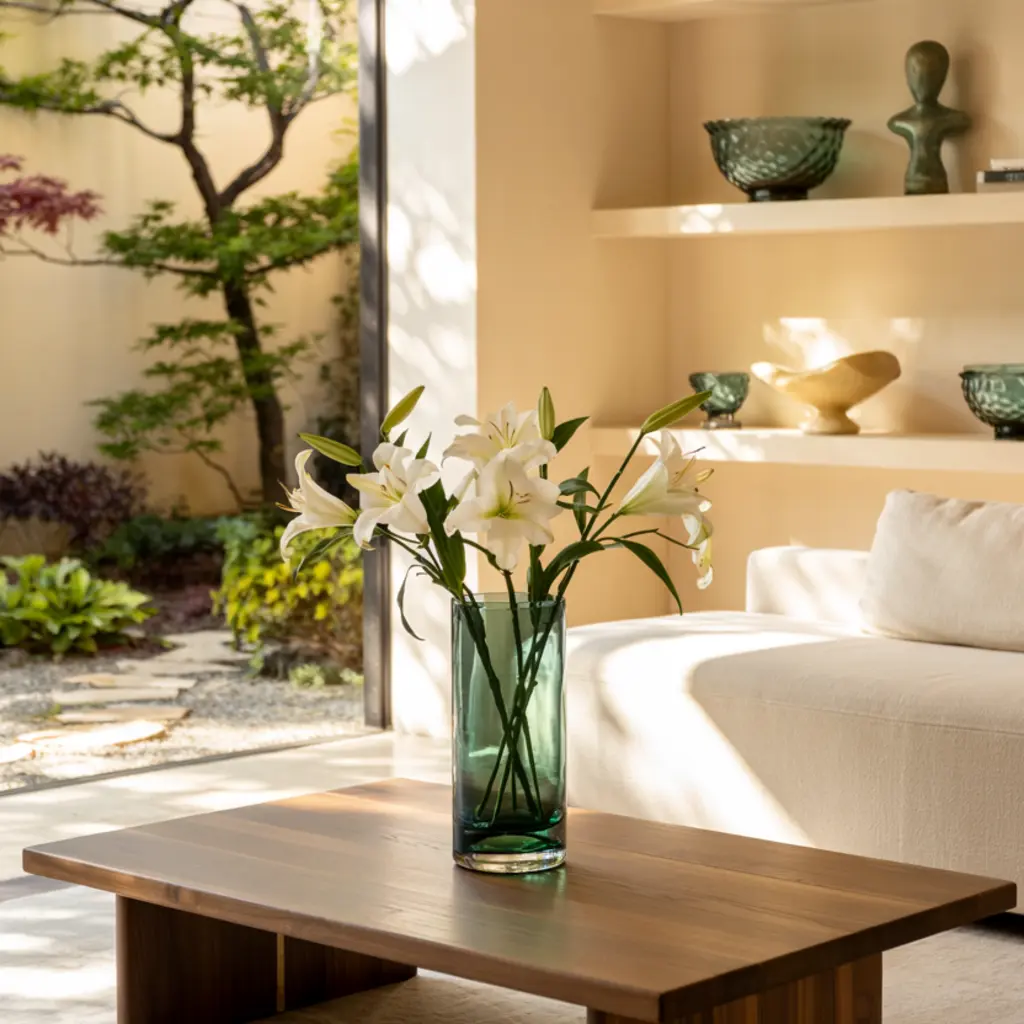 green living room with green glass decor