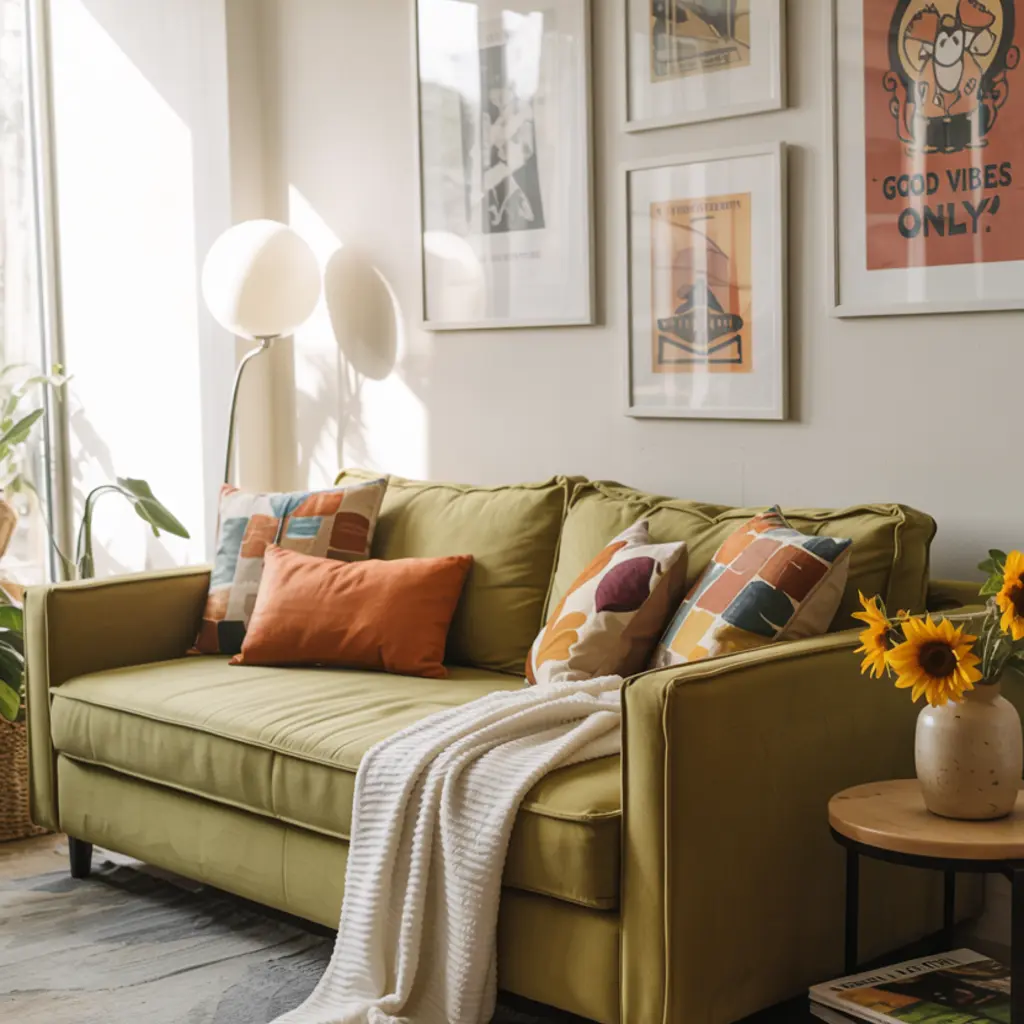 green living room with pea green sofa bed