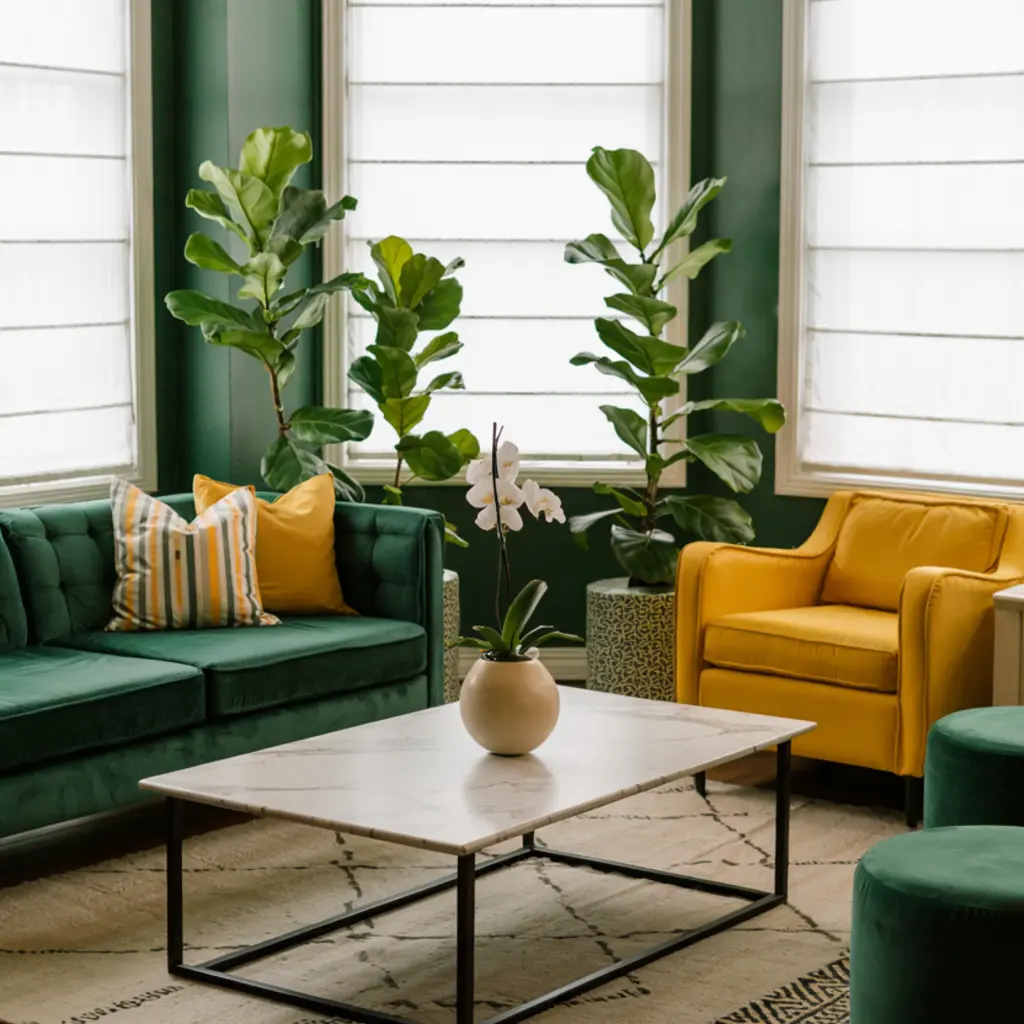green living room with yellow armchairs