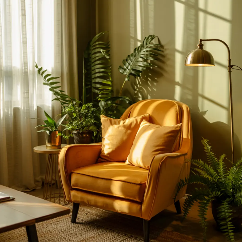 olive green living room with golden yellow accent chair