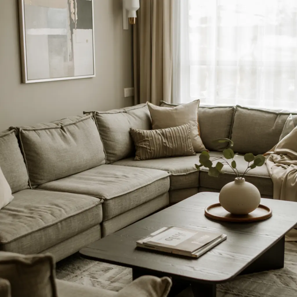 sage green living room with grey sofa