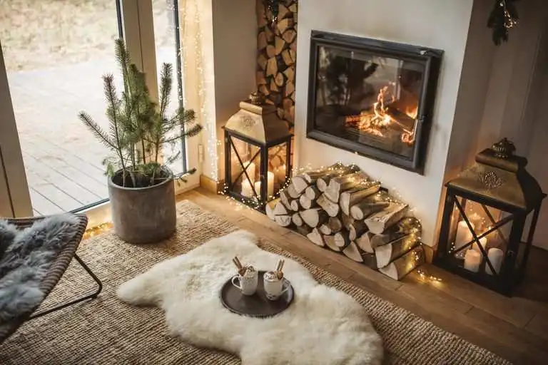 Christmas living room with fireplace