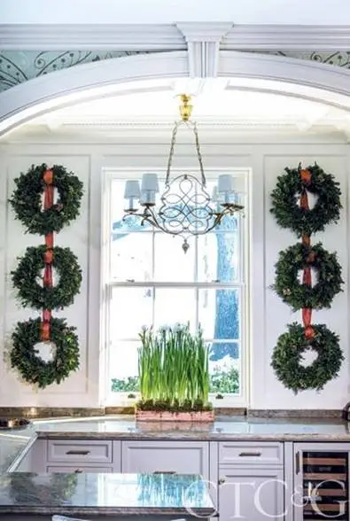 Christmas ribbon on kitchen cabinets