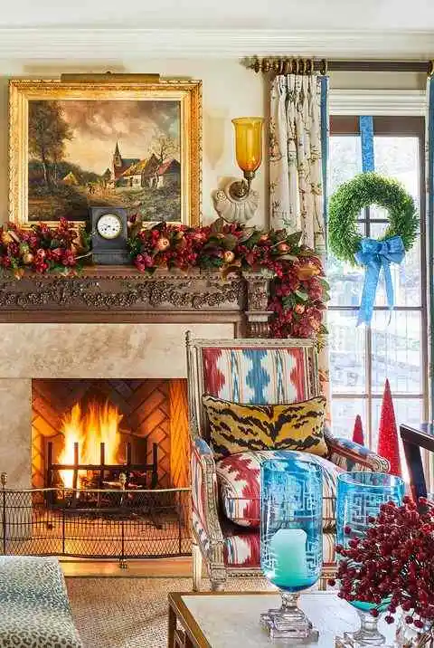 Christmas wreaths in living room