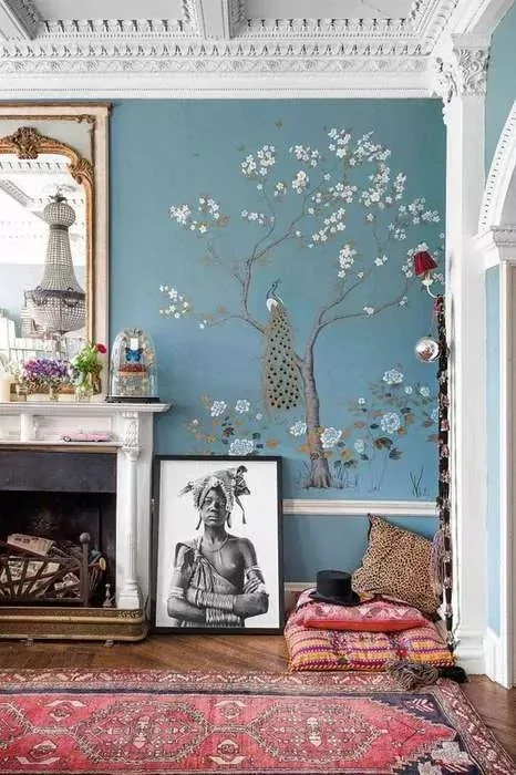 living room blue wallpaper