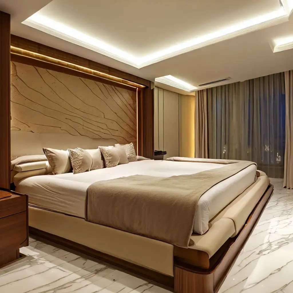 luxury bedroom designed with marble and wood
