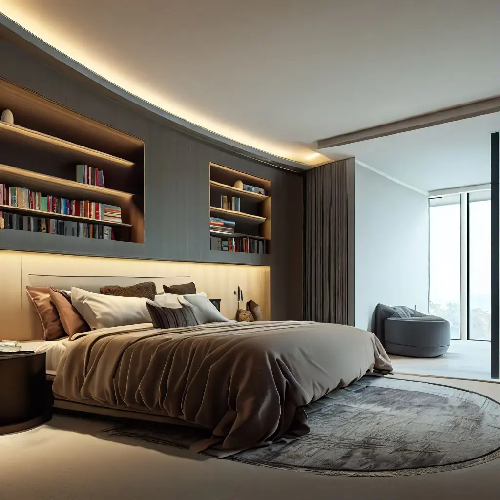 luxury bedroom with bookshelf
