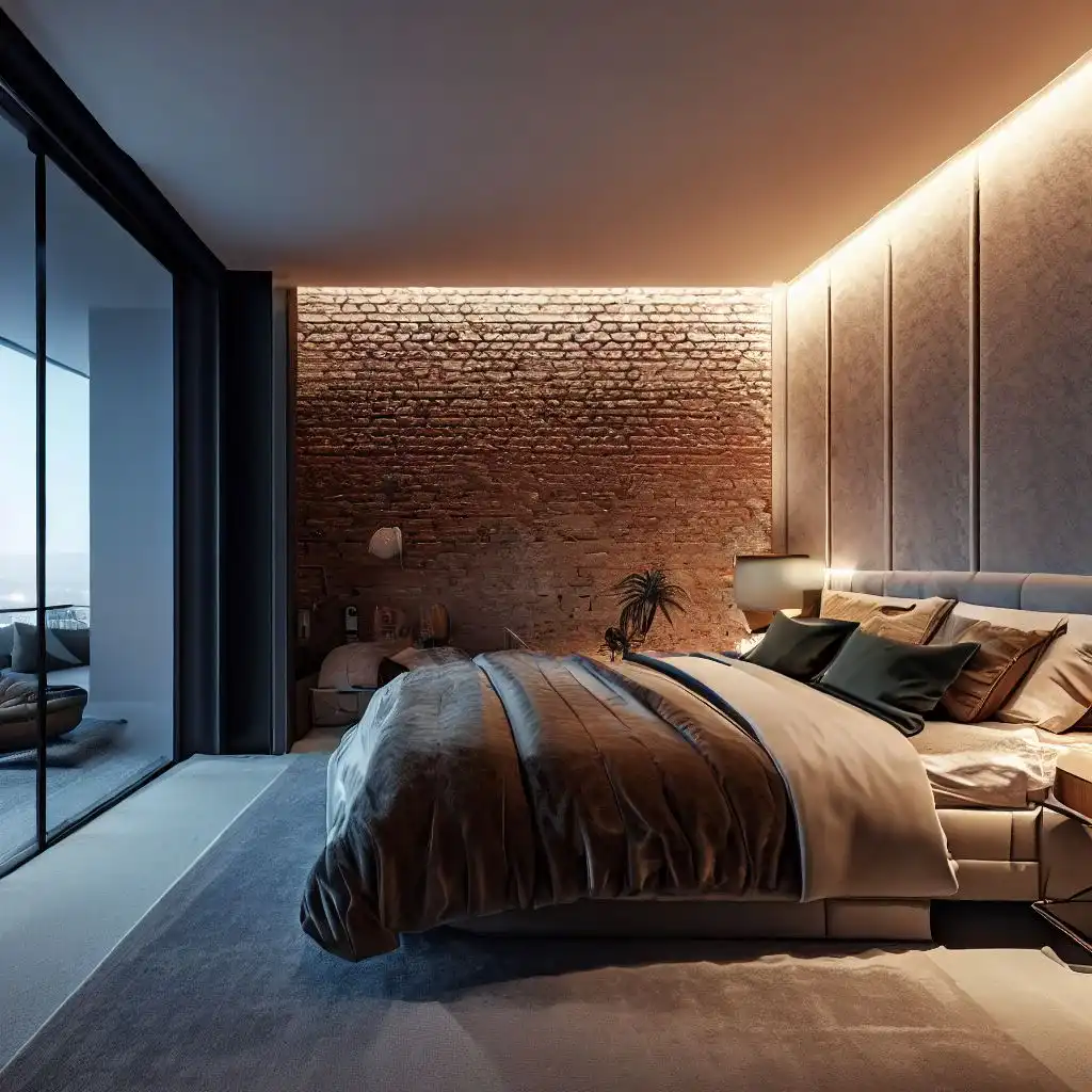 luxury bedroom with exposed brick wall