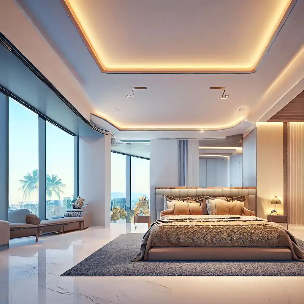 luxury bedroom with high ceiling