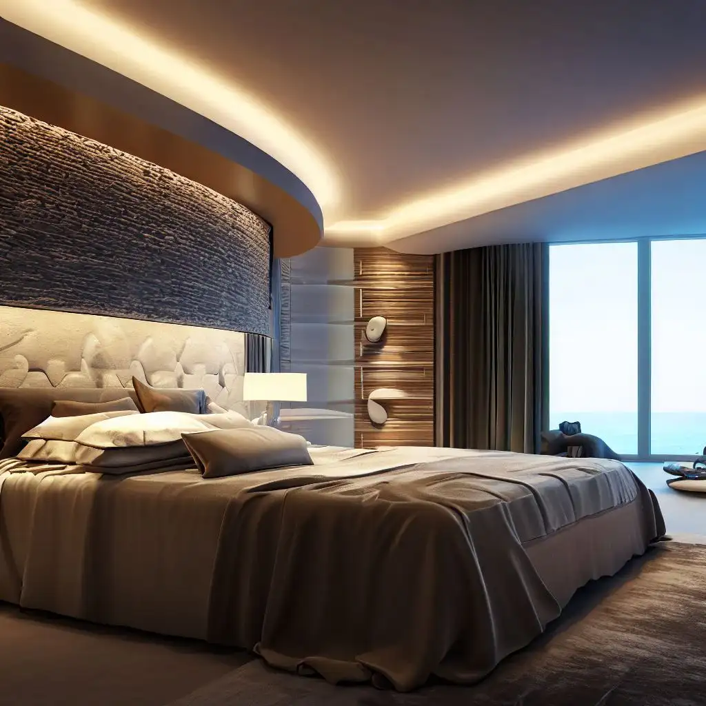 luxury bedroom with stone textured accent wall
