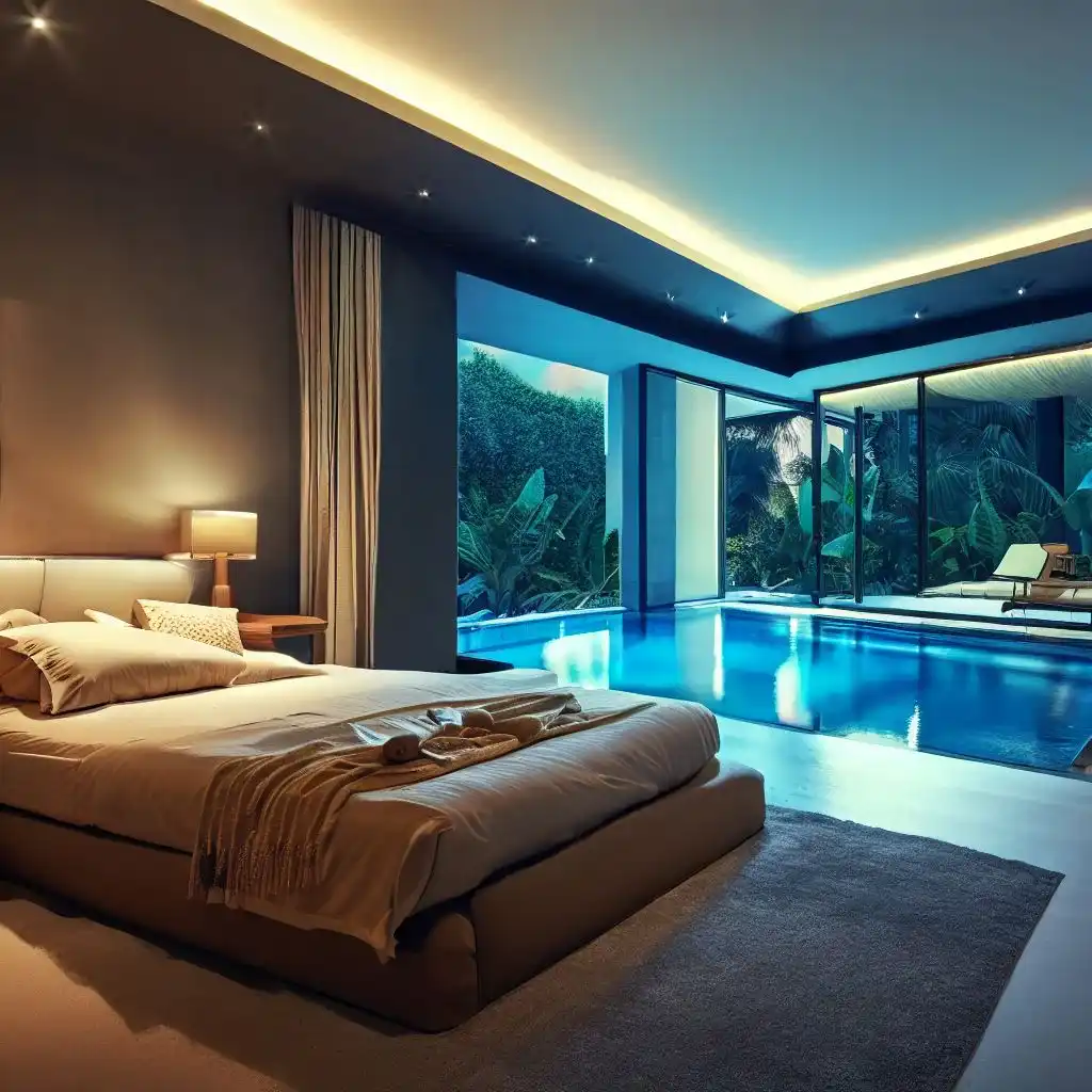 luxury bedroom with swimming pool
