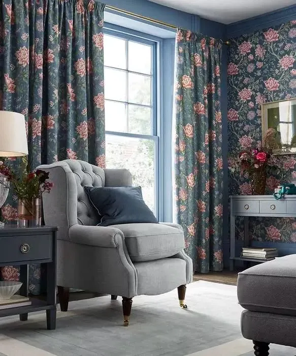 matching curtain and wallpaper living room