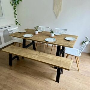 reclaimed dining table with chair and bench