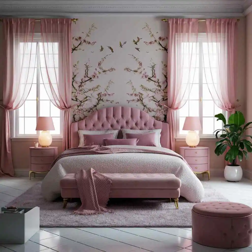 Cherry blossom wallpaper in pink bedroom design