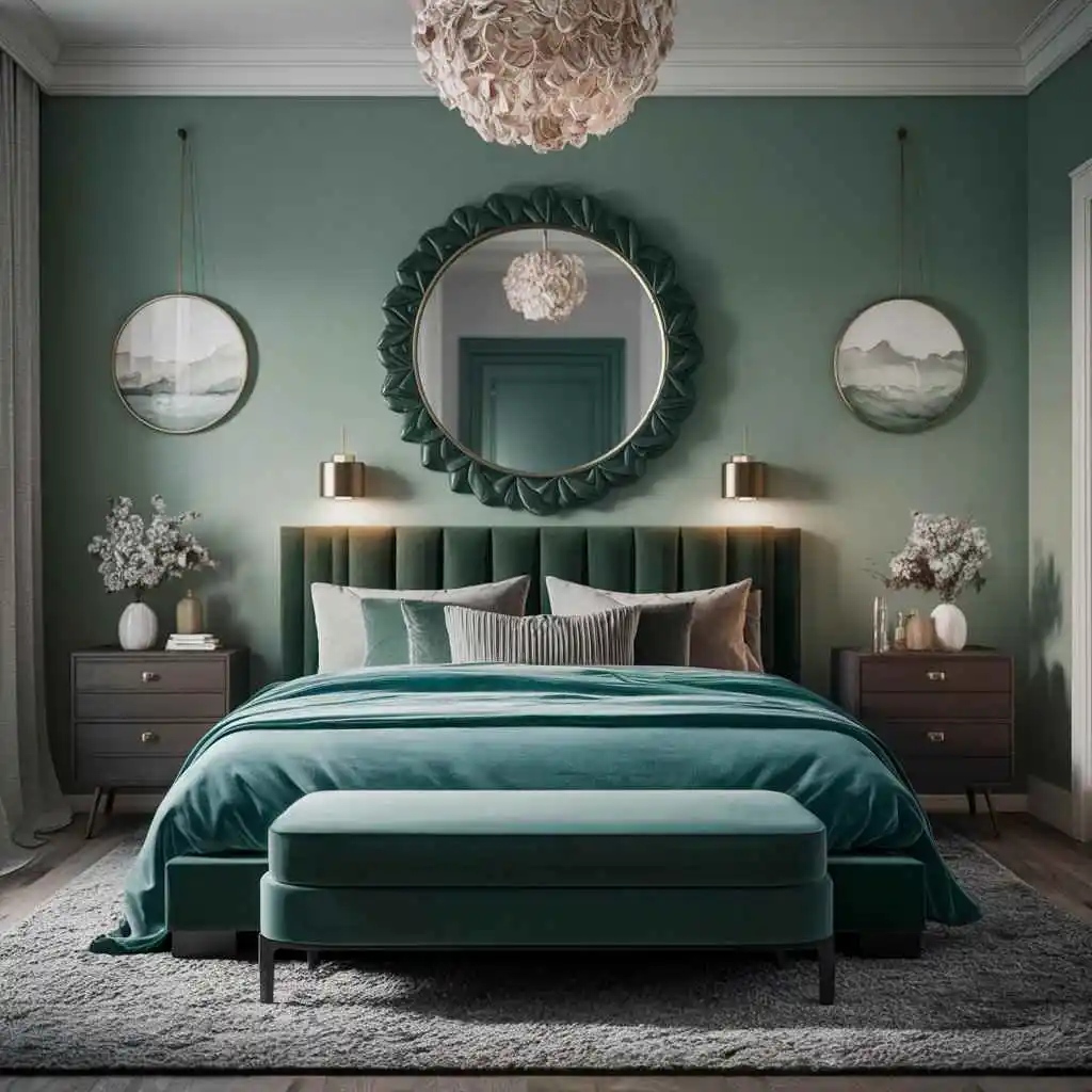 Green bedroom with green mirror