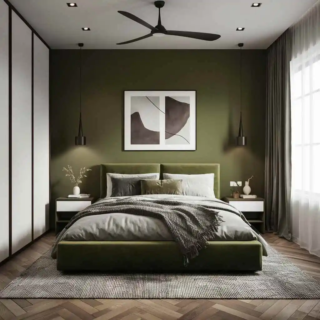 a modern minimalist bedroom in olive green and white