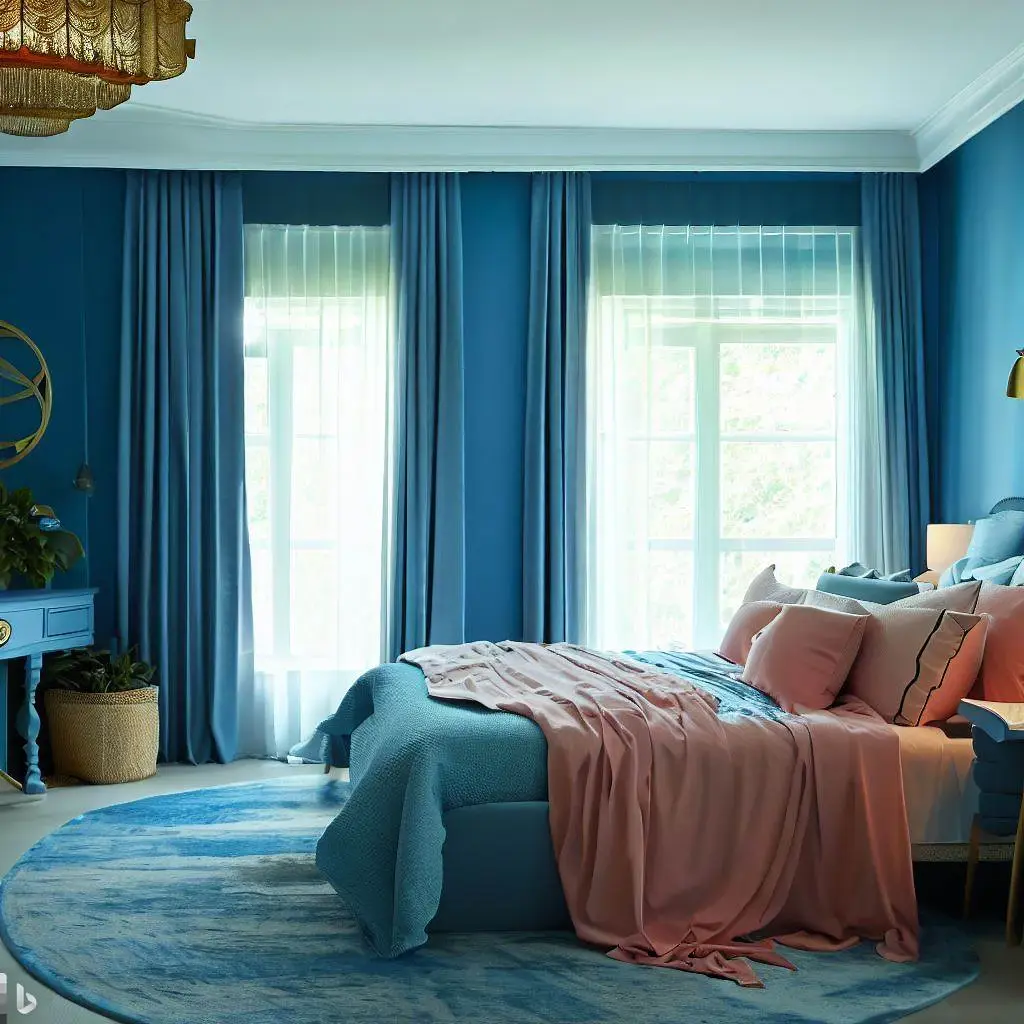 blue master bedroom round area rug and curtain