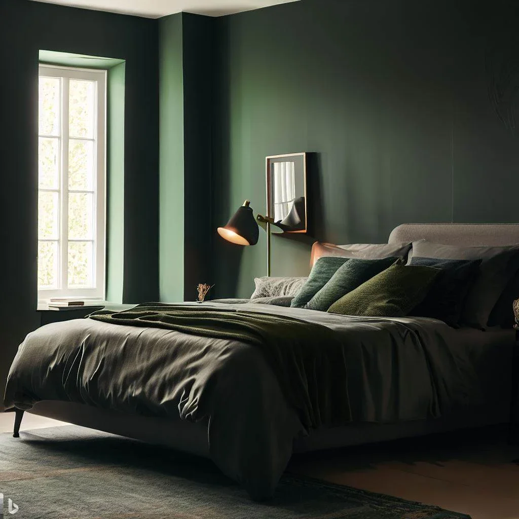 dark green walls grey bedstead and a modern lamp