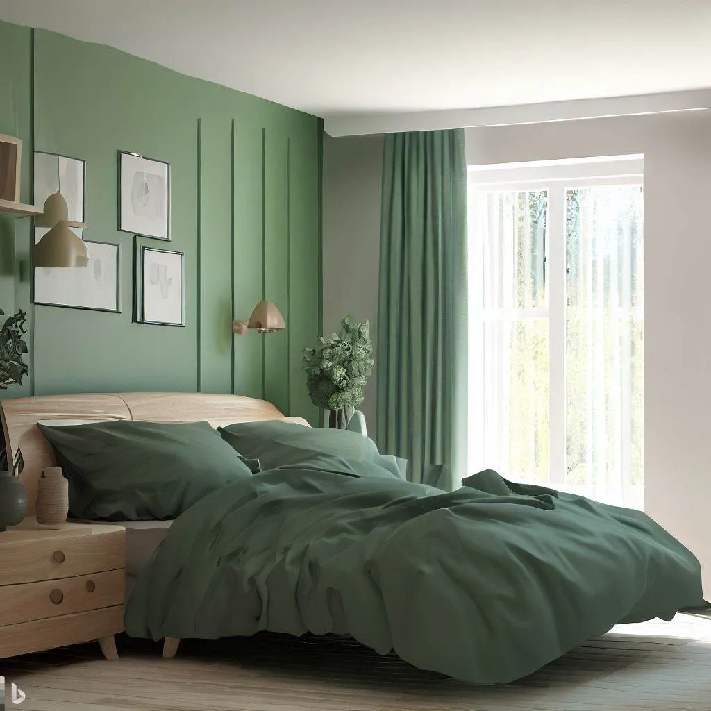 lighter shade of green walls wood tones furniture