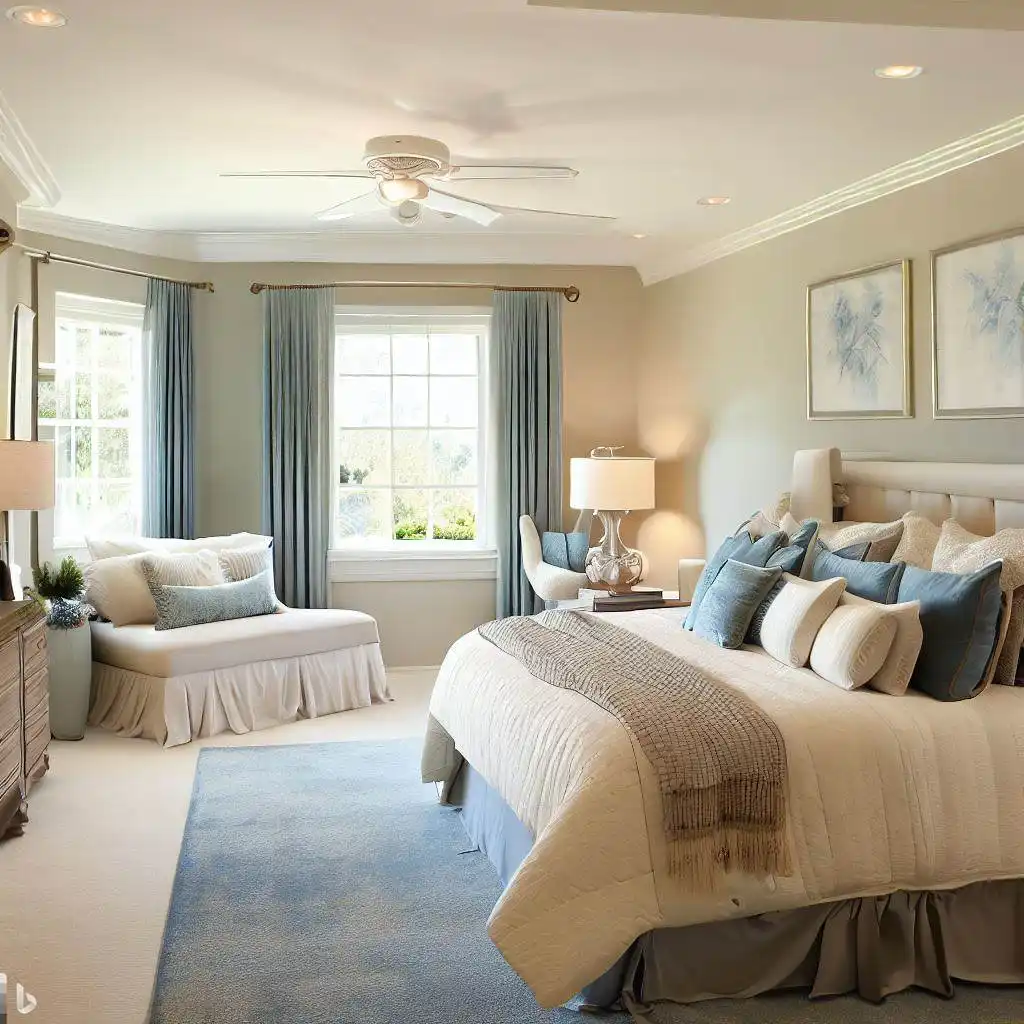 neutral bedroom and blue theme