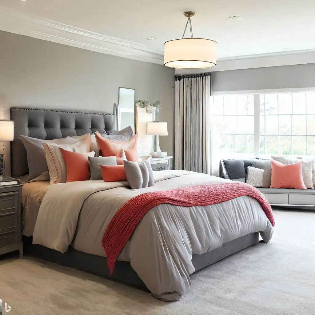 neutral bedroom gray and coral