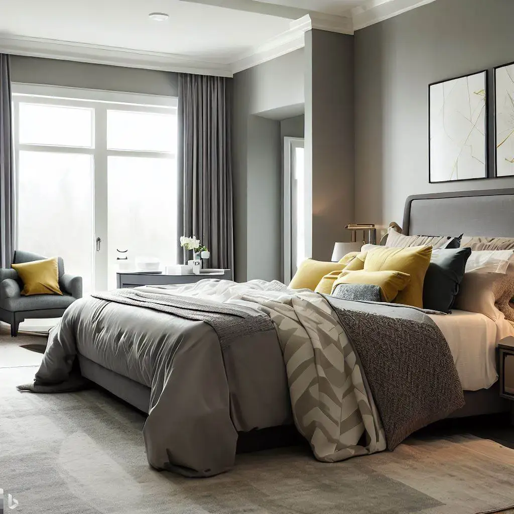 neutral bedroom grey and yellow theme
