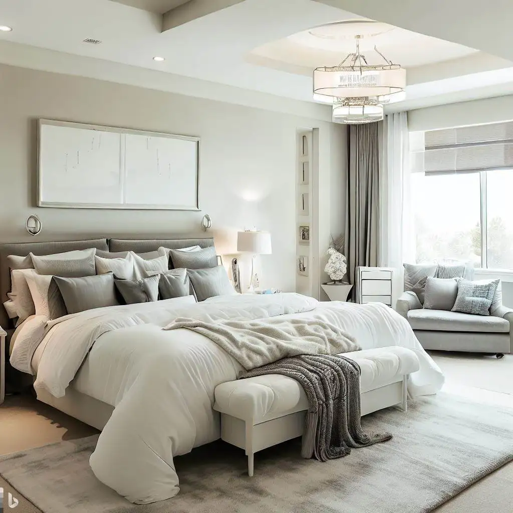 neutral bedroom ideas with white wall and grey bedding and furniture