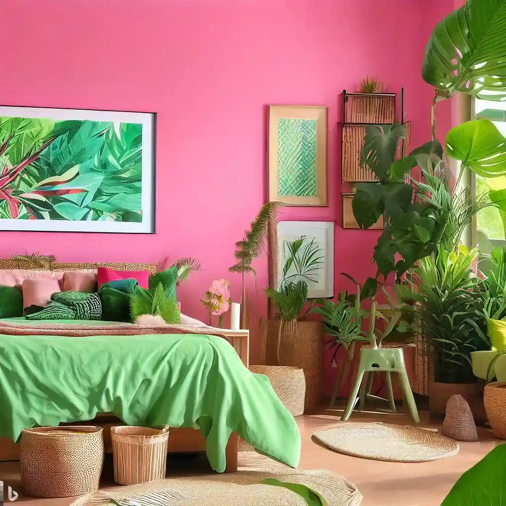 pink green master bedroom plants antural material