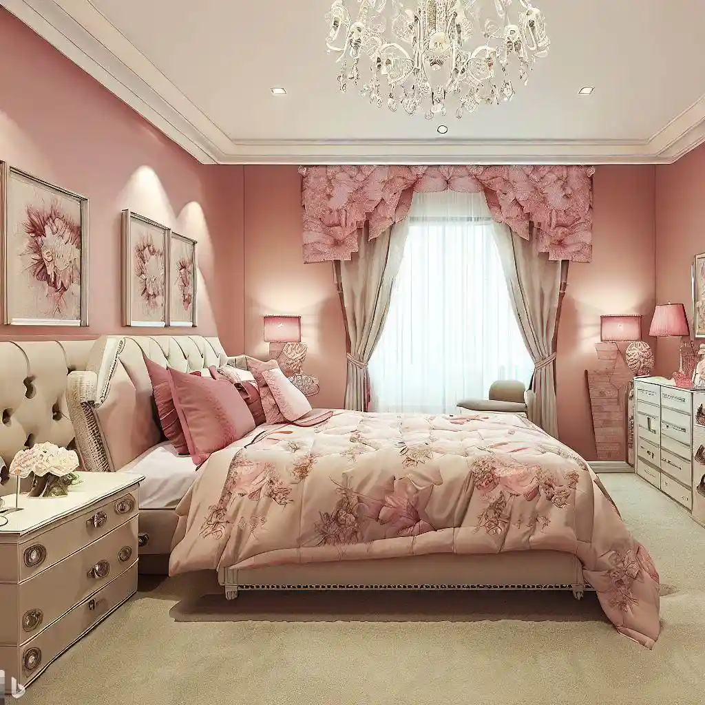 pink beige master bedroom floral print bedding area rug