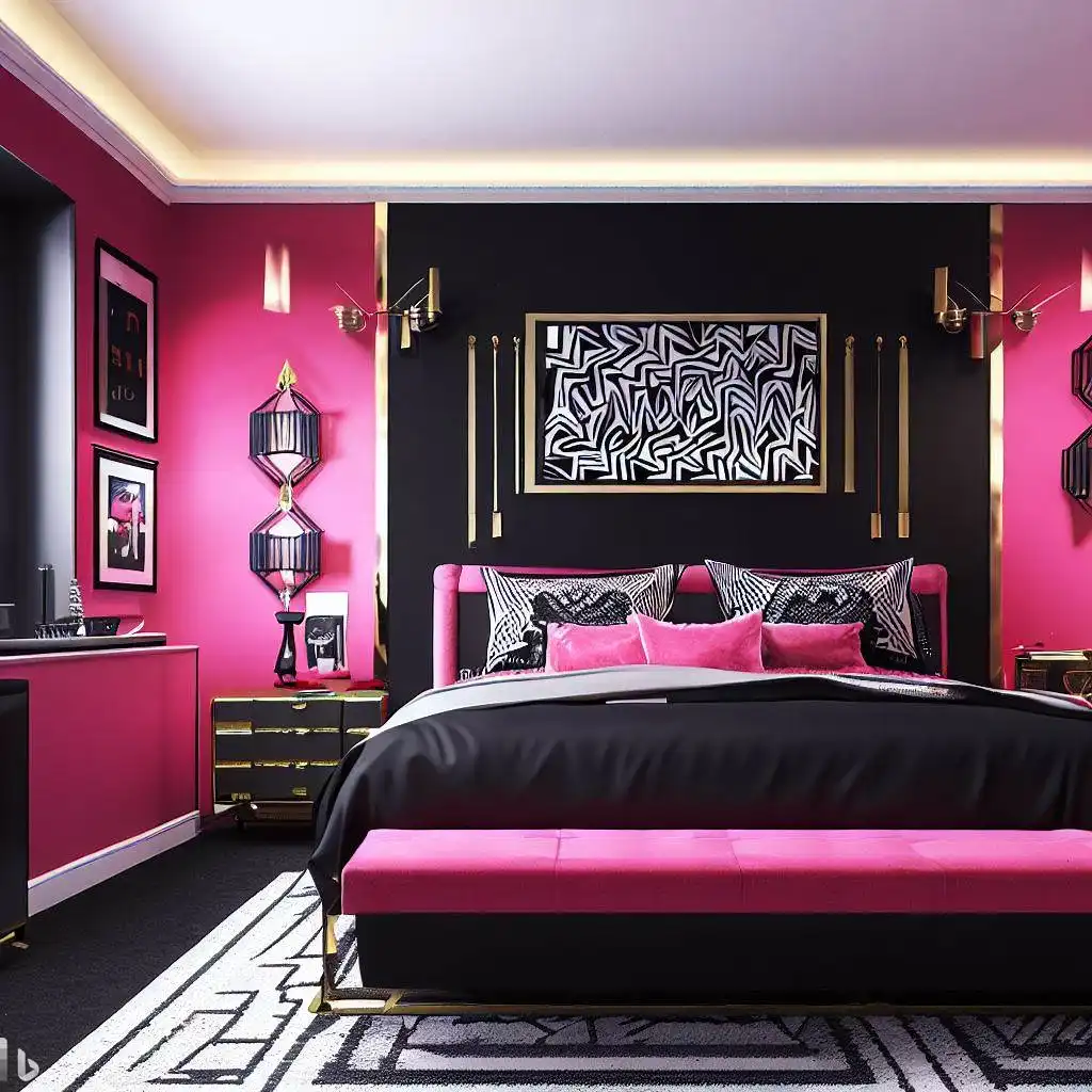 pink black master bedroom geometric pattern rug