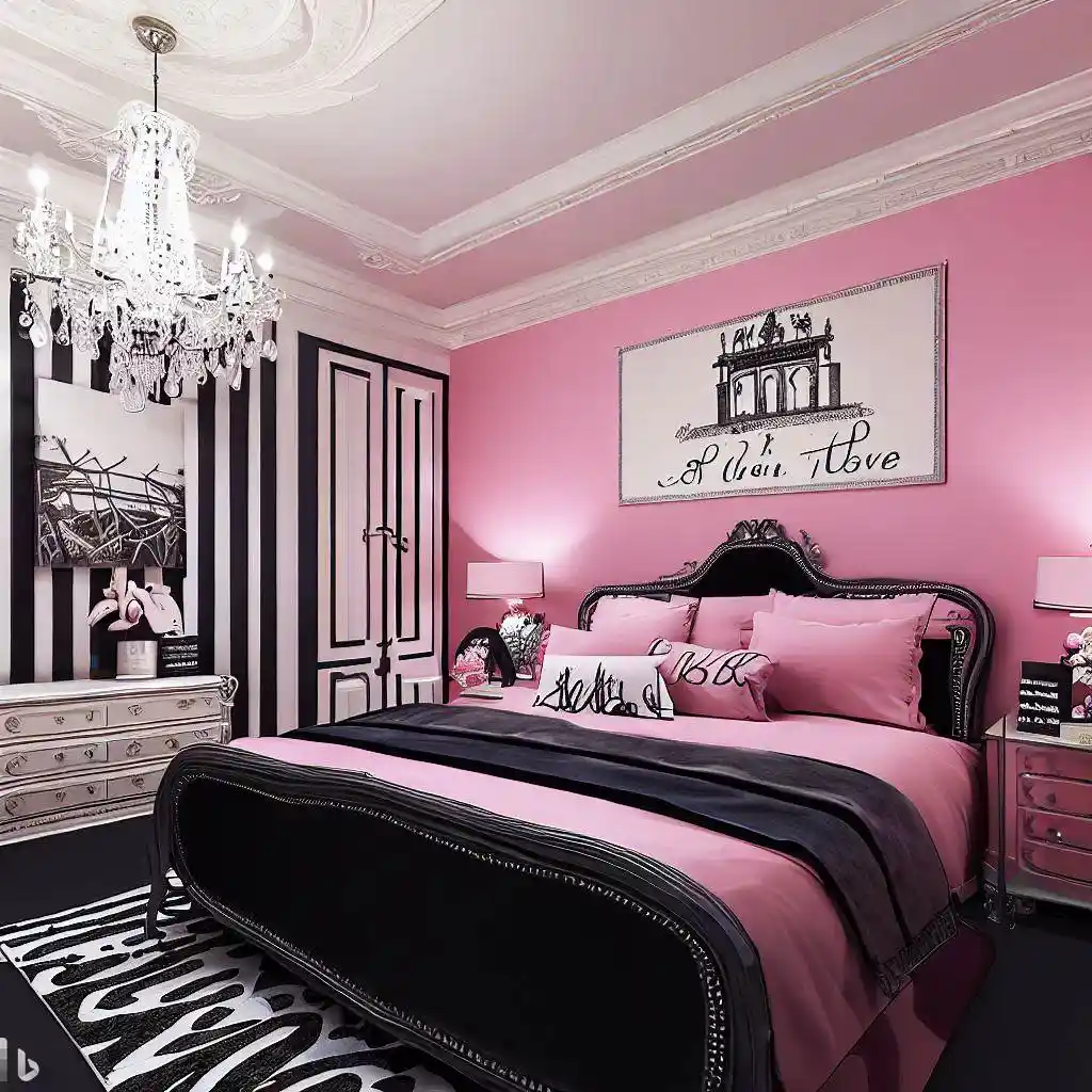 pink black master bedroom tufted headboard striped rug