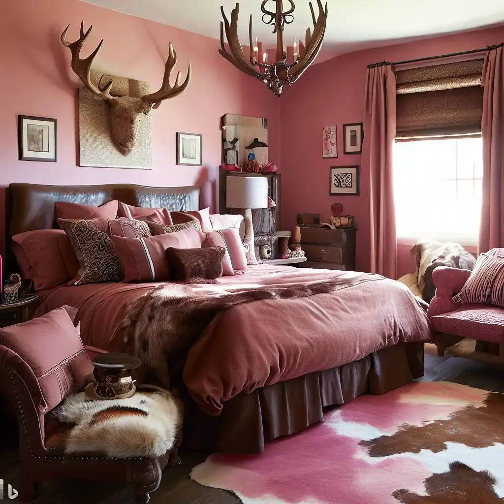 pink brown master bedroom wooden floor animal print rug