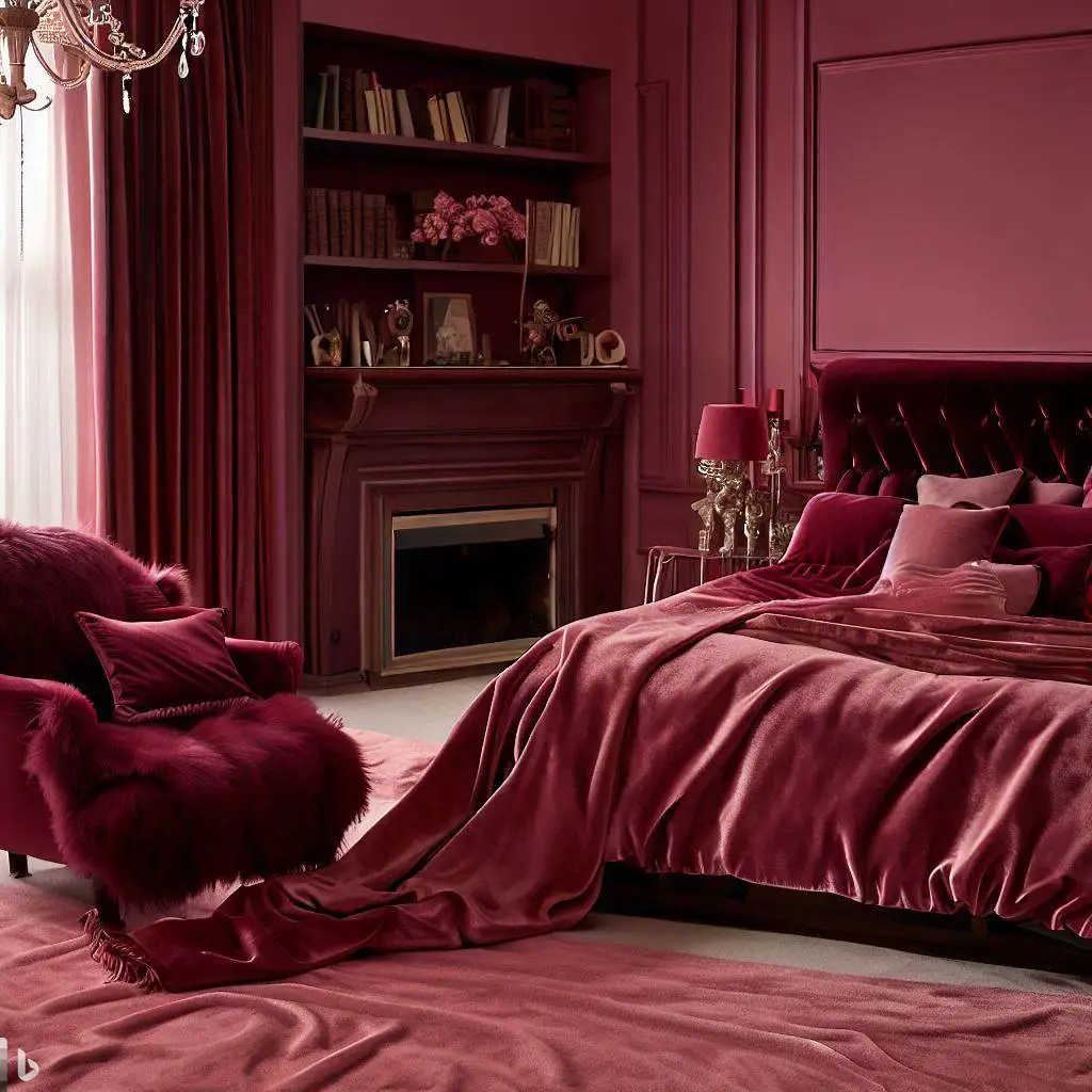 pink and burgundy master bedroom fireplace bookshelf