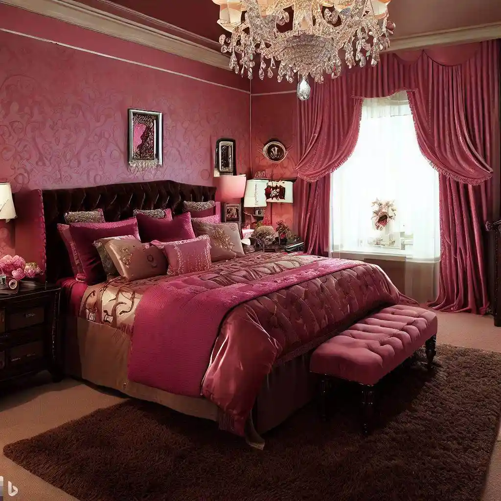 pink chocolate master bedroom crystal chandelier tufted bed