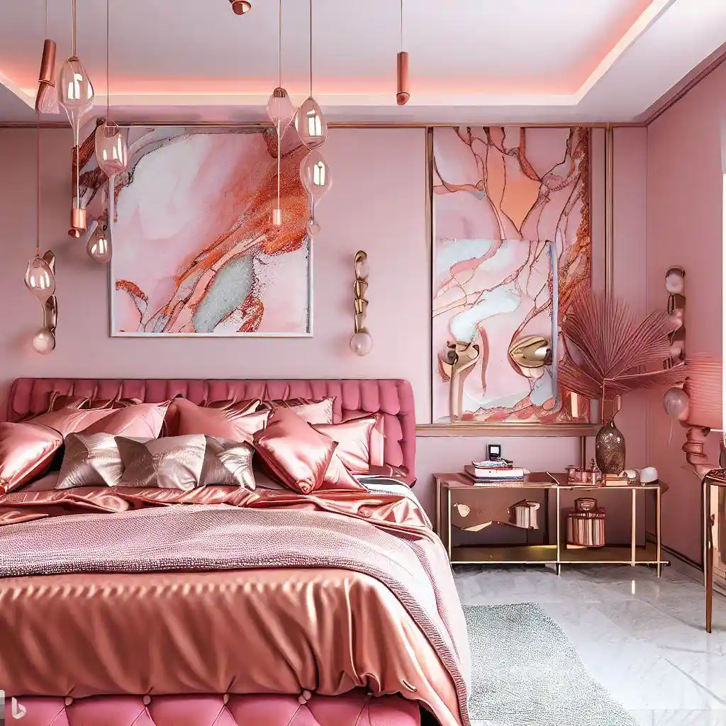 pink copper master bedroom marble wallpaper countertop