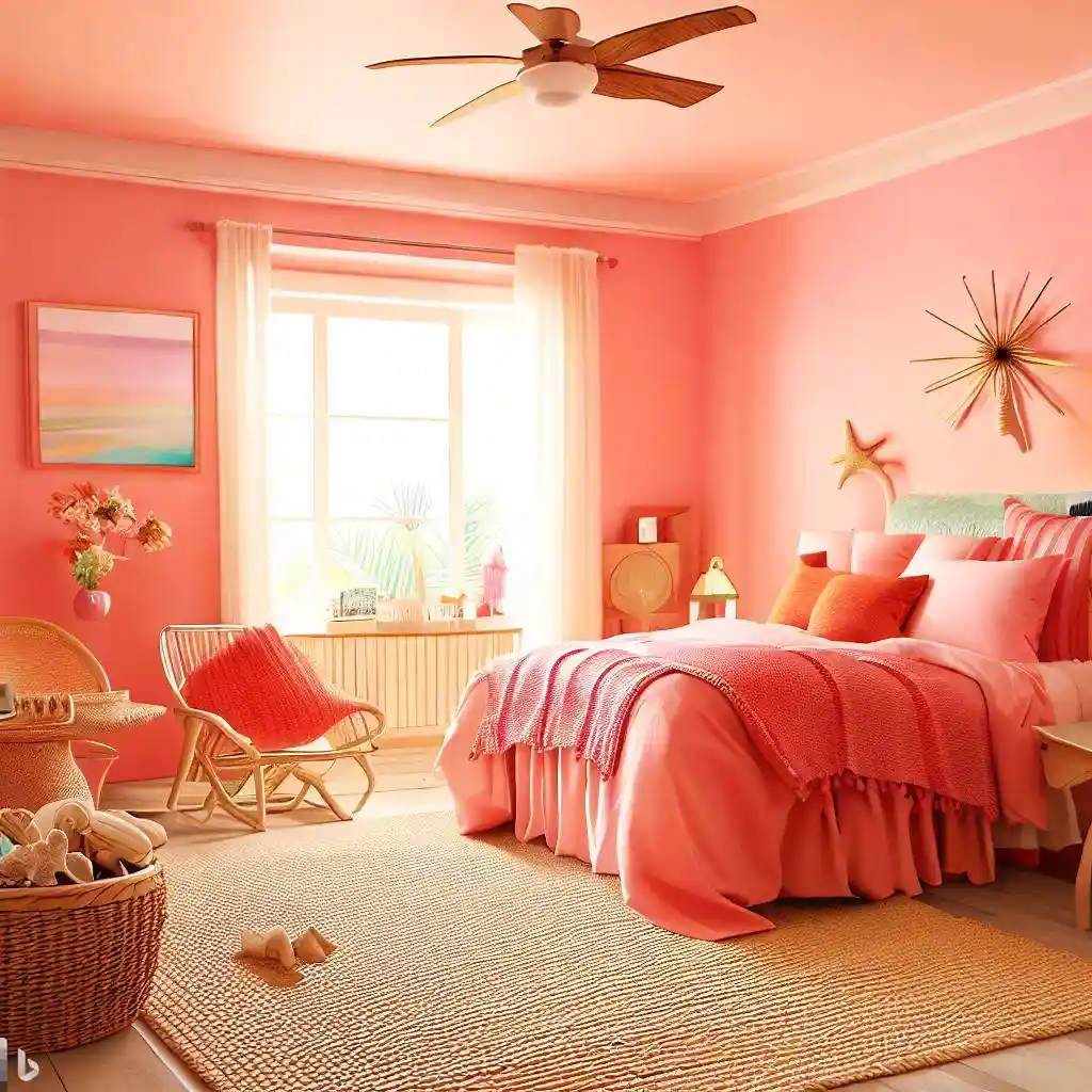 pink coral master bedroom wooden floor woven basket wicker furniture