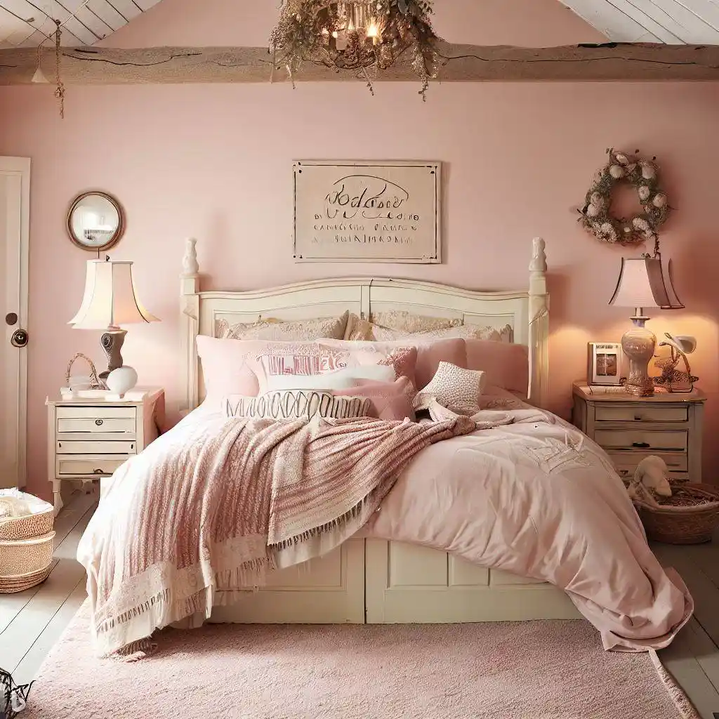 pink cream master bedroom shiplap wall wood beams barn door