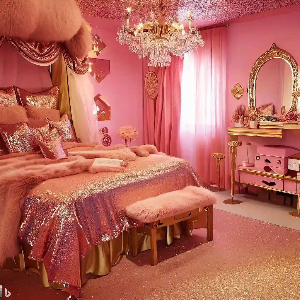 pink gold master bedroom canopy bed mirror vanity fur bench