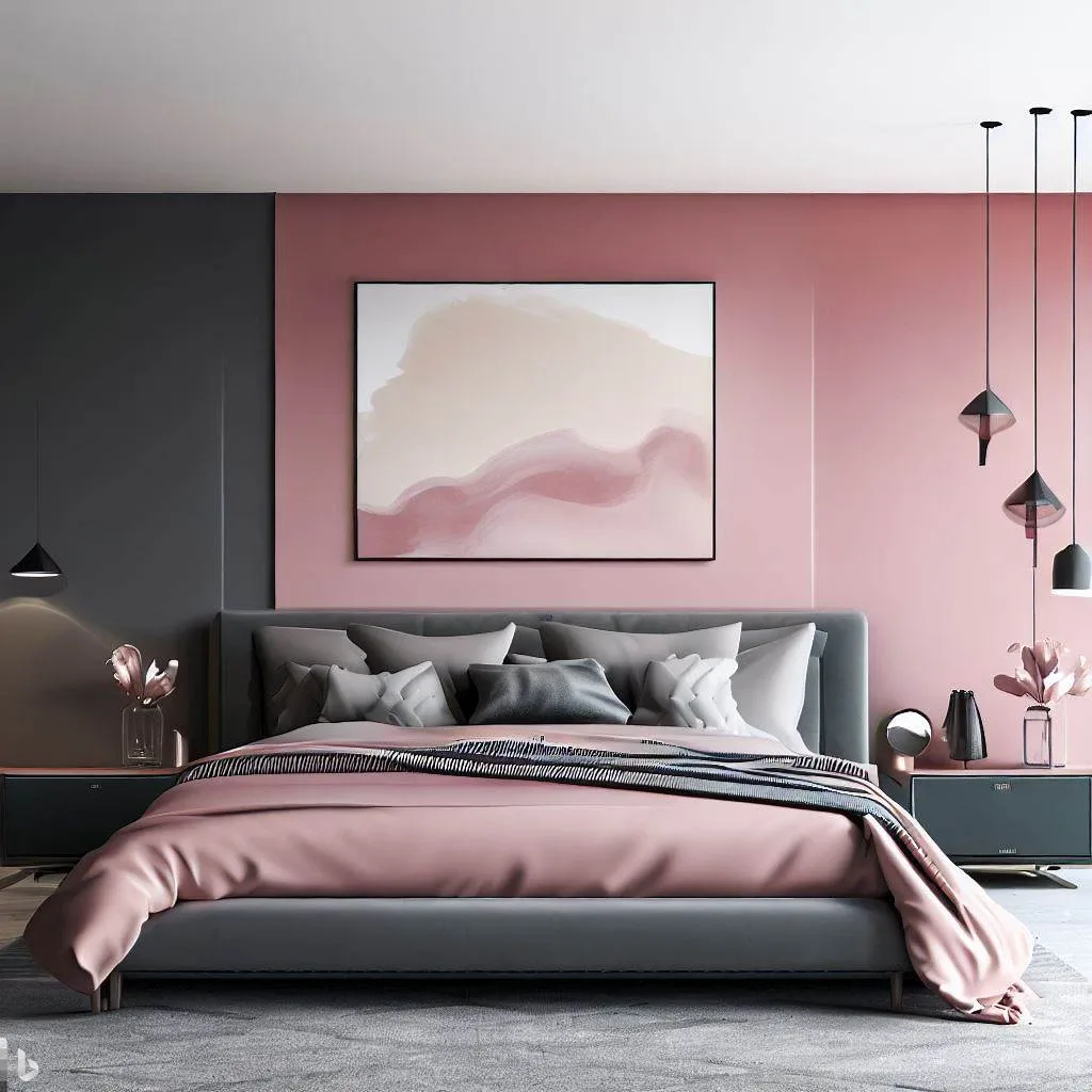 pink grey master bedroom pendant light platform bed floating shelves