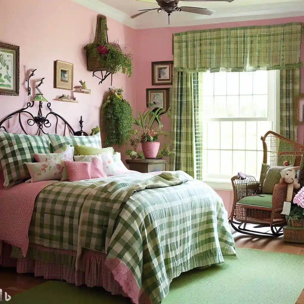 pink green master bedroom metal bed frame rocking chair